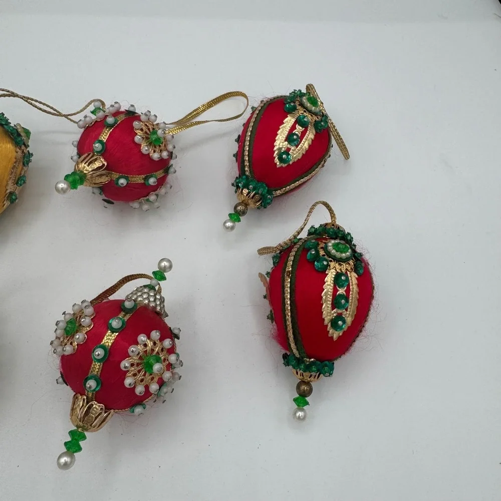 Vintage Handmade Satin Push Pin Christmas Ornaments Set of 10 Beaded Sequin Mid